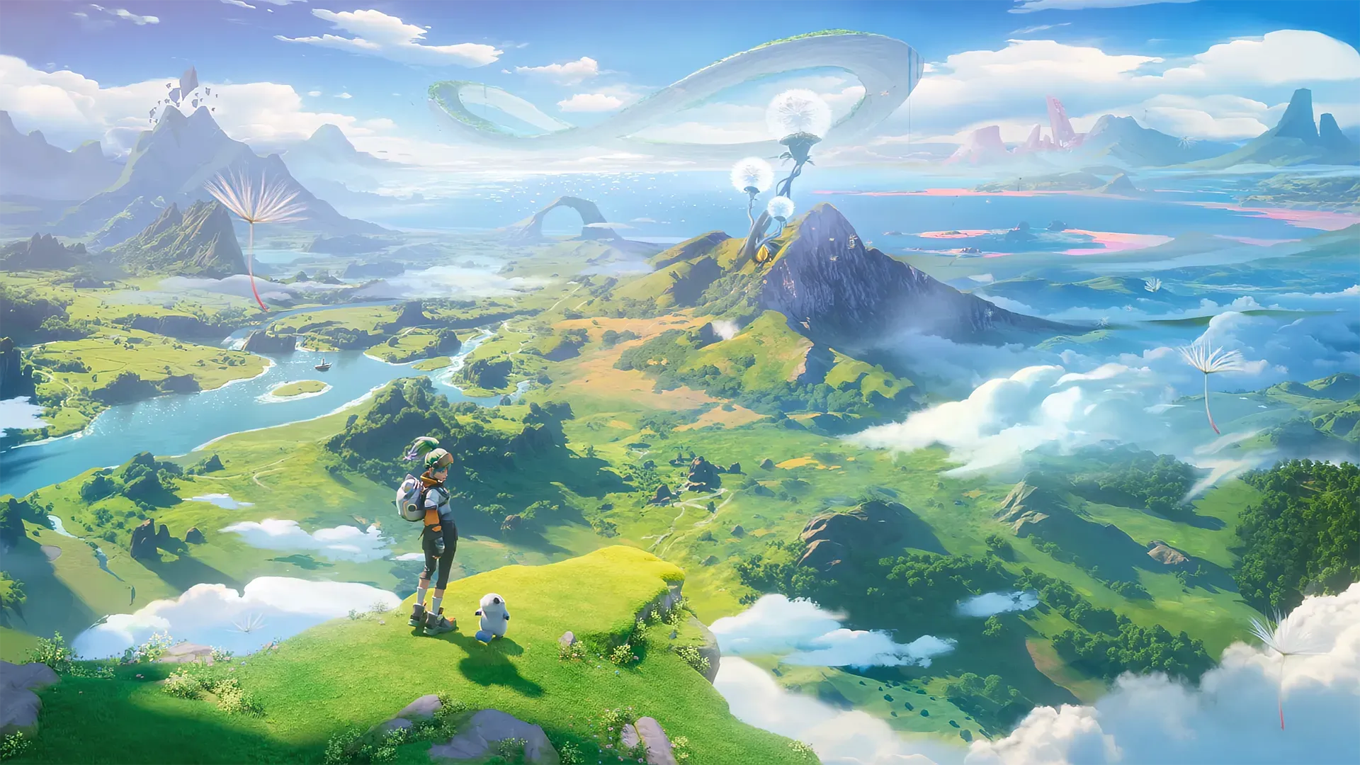 A Pathfinder and a small companion look out over Idyll’s green valleys and floating clouds